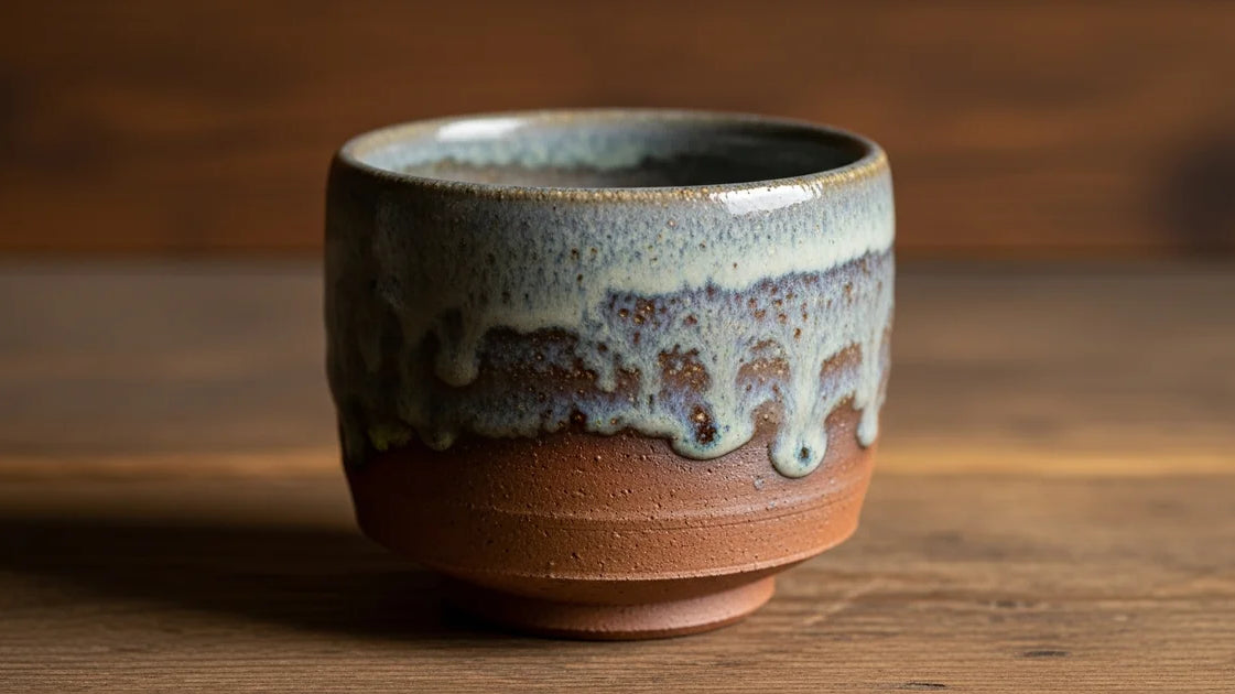 Japanese earthenware pottery teacup with natural glaze and rustic texture