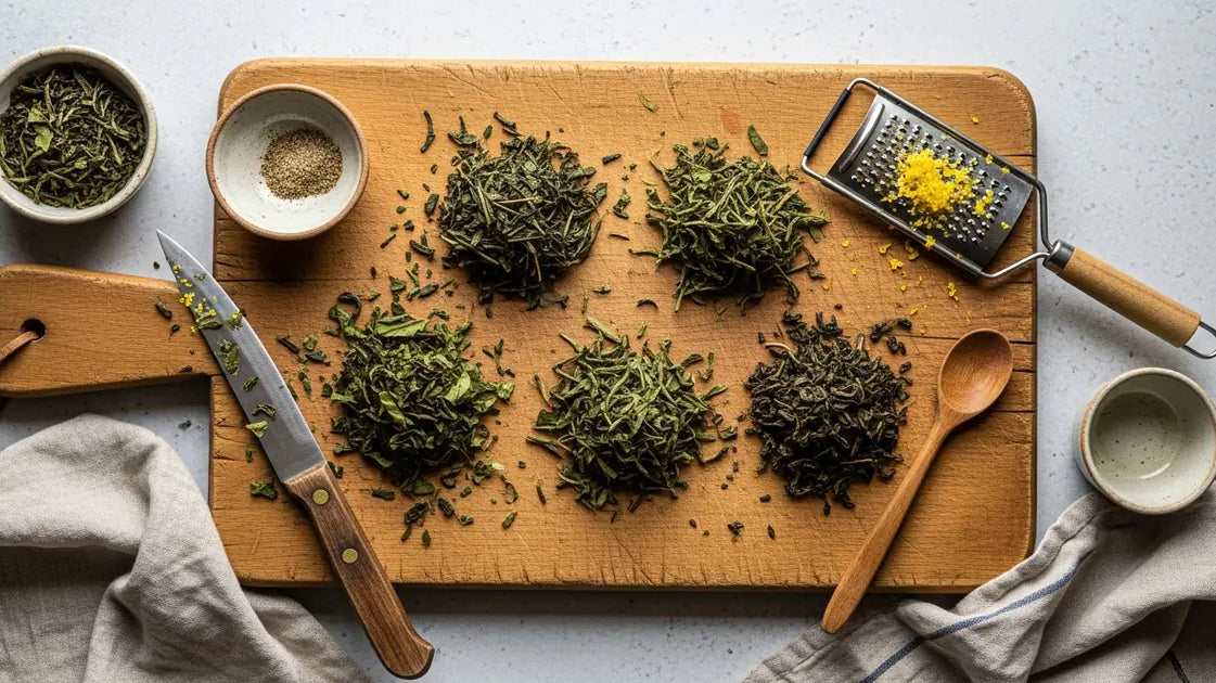 Used green tea leaves displayed in various culinary uses on a kitchen surface