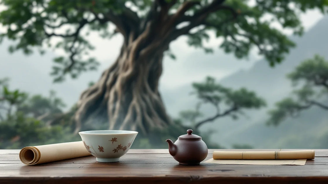 Ancient Yunnan tea tree, Song-era Jian bowl, Yixing teapot and bamboo scroll on a wooden table