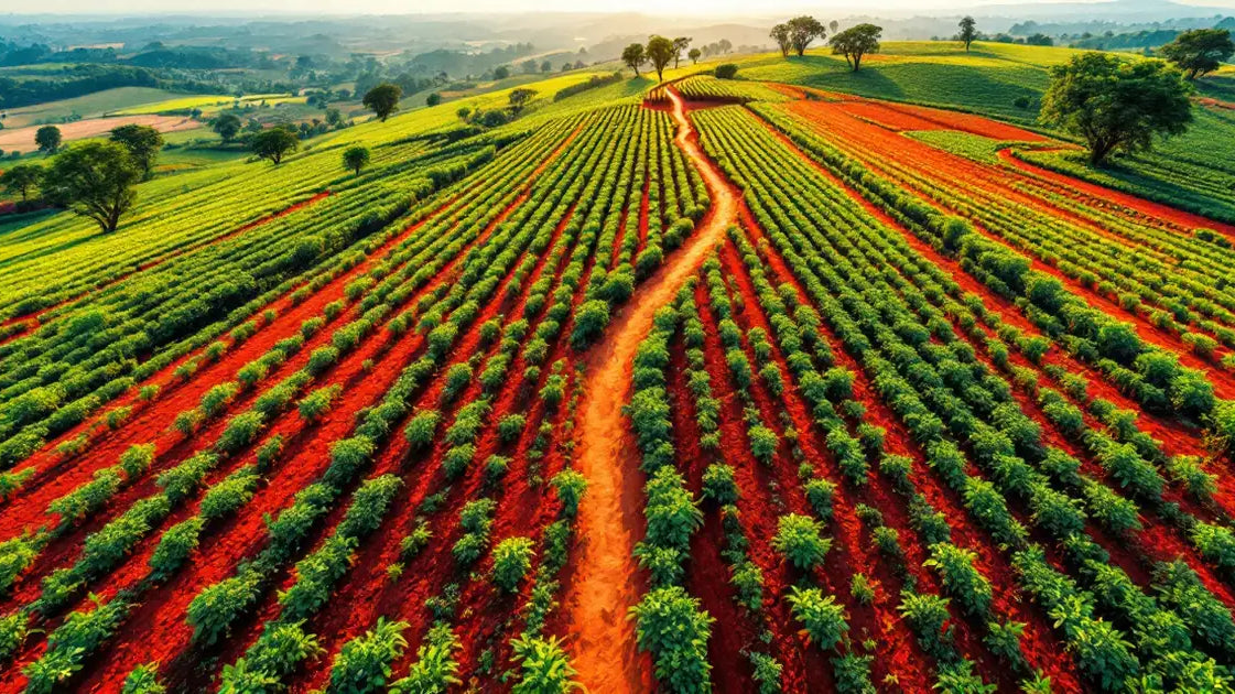 Vast Kenyan tea highlands with vivid red laterite soil stripes cutting through dense green CTC tea plantation rows to the horizon