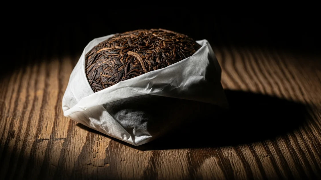 Dark fermented tea pu-erh cake wrapped in paper on a wooden surface