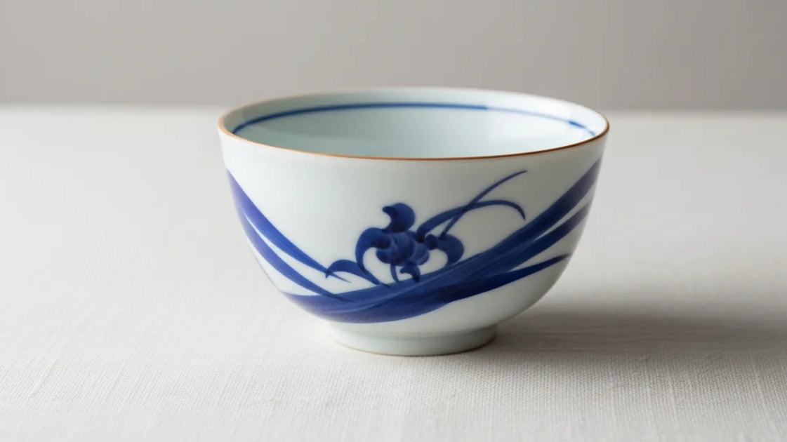 White Japanese porcelain teacup with delicate blue pattern in natural light