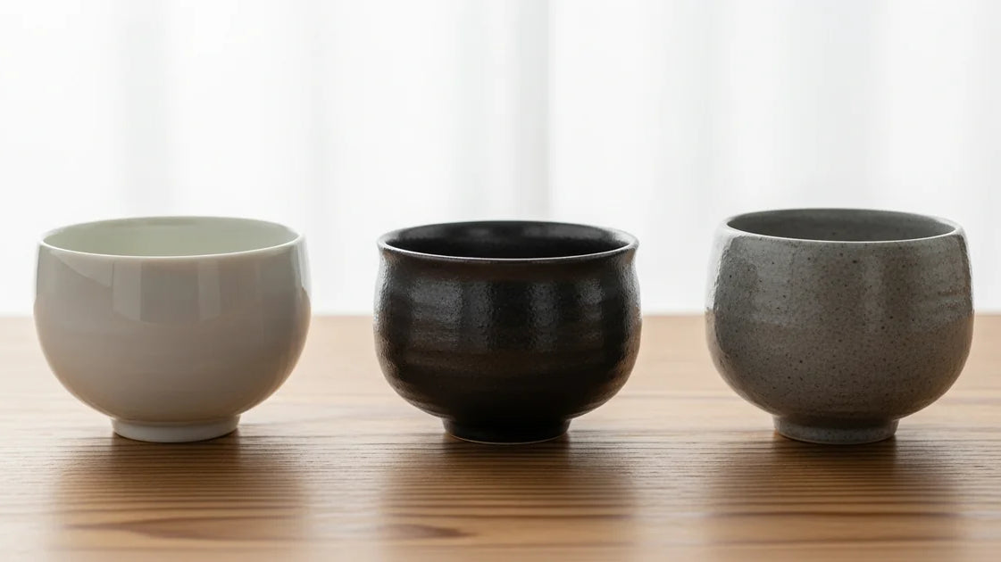 Collection of Japanese teaware in porcelain pottery and stoneware on wooden surface
