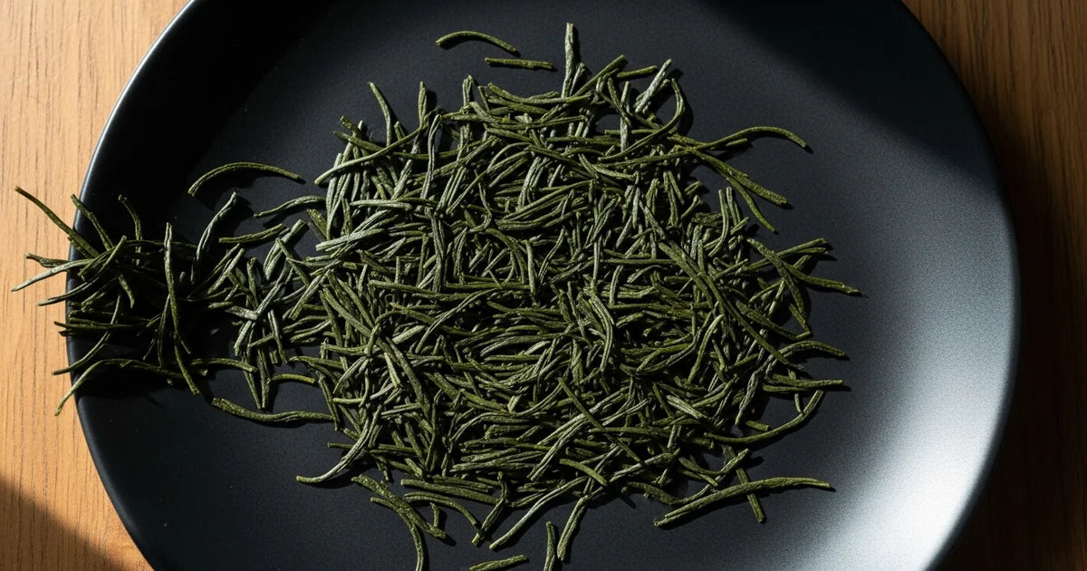 Benifuuki green tea dry leaves with a dark green needle shape on a ceramic plate