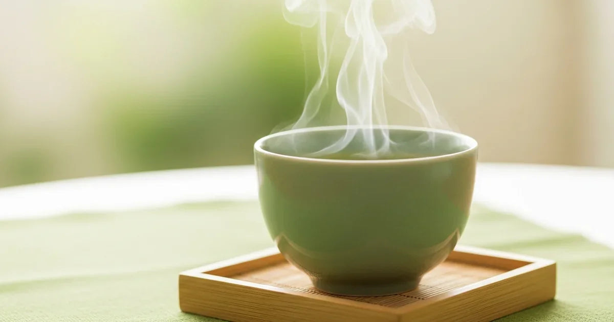 A clear glass teapot with green tea leaves alongside Japanese teacups, illustrating the connection between tea and health