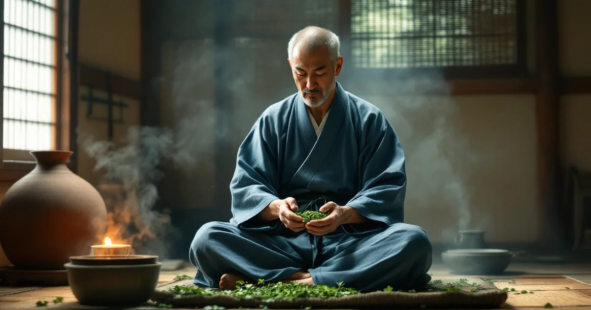 Edo-period tea farmer rolling steamed tea leaves by hand in a rural farmhouse, depicting the invention scene of Nagatani Soen's green sencha processing method