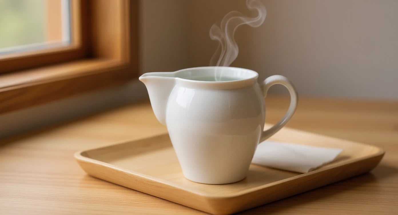 A white Hasami porcelain yuzamashi with a wide spout resting on a wooden tray, gentle steam rising from freshly poured hot water