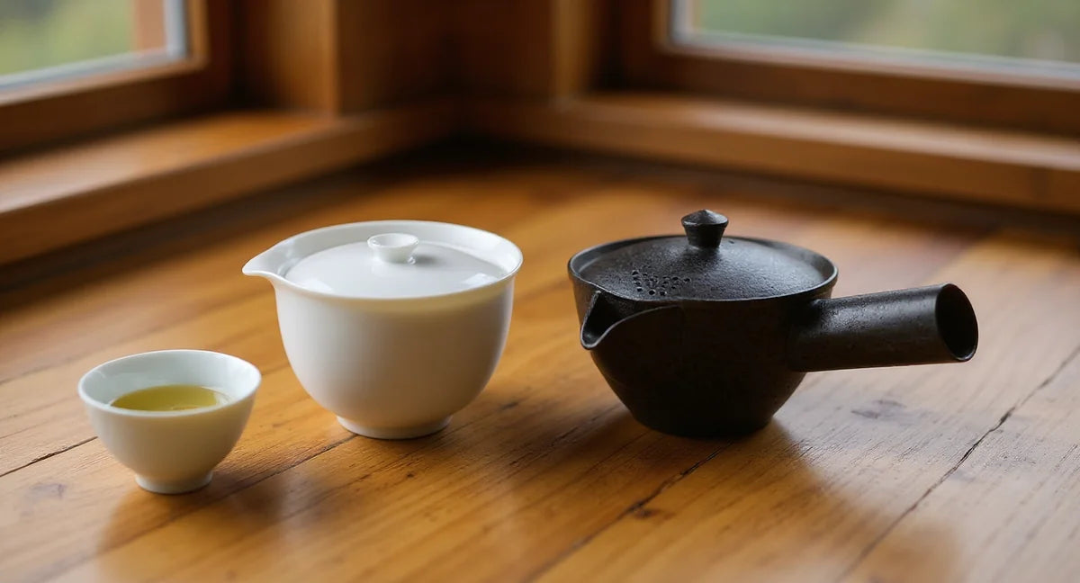 A white porcelain houhin and a black shiboridashi teapot side by side on a wooden table, with a small cup of pale gyokuro