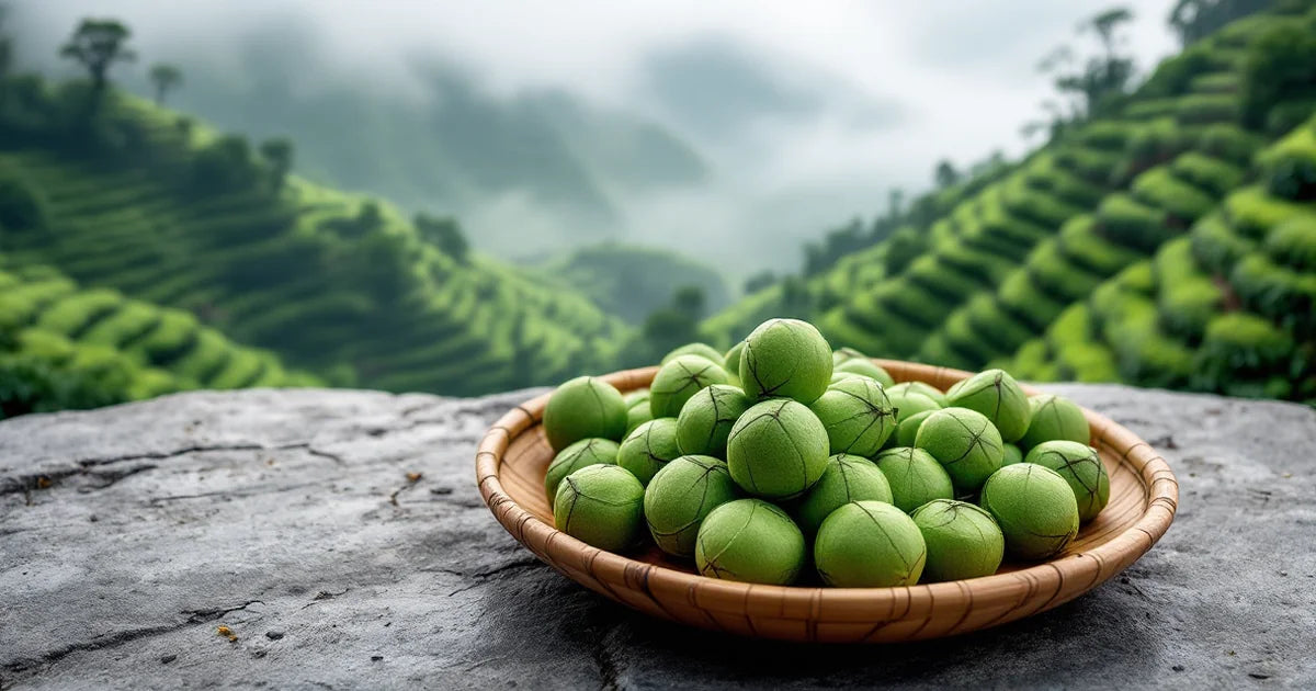 Tightly rolled jade oolong tea balls in bamboo tray with misty Alishan high-mountain terraced tea gardens behind