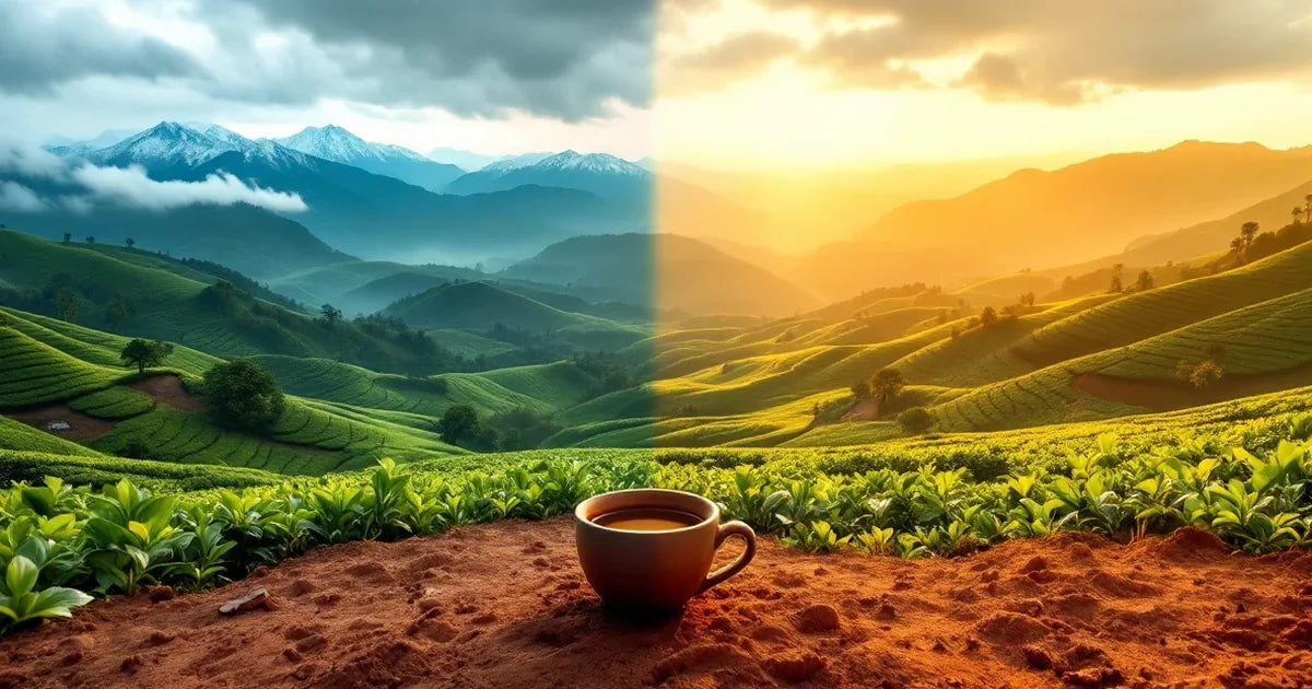 Tea plantation in Assam, India with rows of tea bushes and misty hills in the background